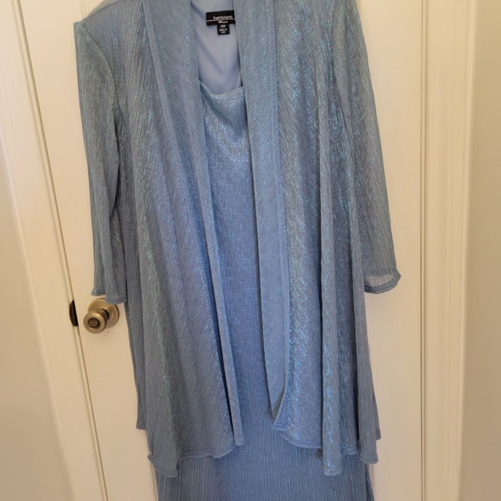 R & M Richards Shimmery Blue Shift Dress with matching Sheer Jacket Plus Size